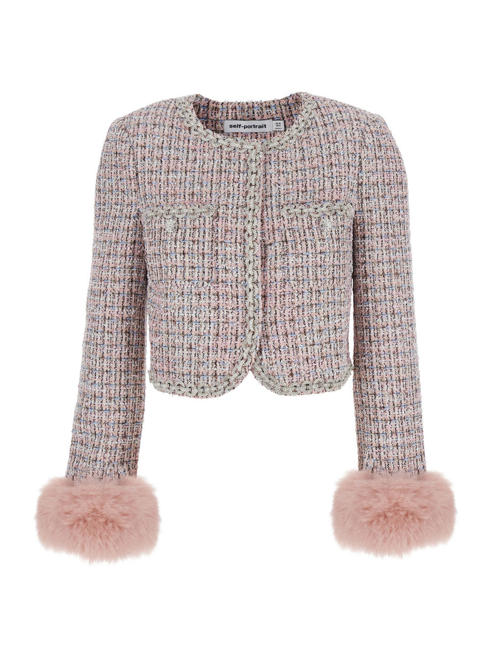 Pink Crewneck Jacket with Crystal Embellishments and Ecofur Cuffs in Tech Fabric Woman Polyester Wool Viscose Blazers