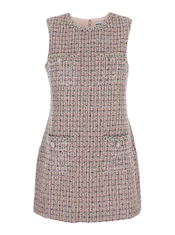 Pink Crewneck Sleeveless Mini Dress With Crystal Embellishments Tech Fabric Woman Polyester Wool Viscose