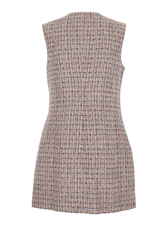 Pink Crewneck Sleeveless Mini Dress With Crystal Embellishments Tech Fabric Woman Polyester Wool Viscose
