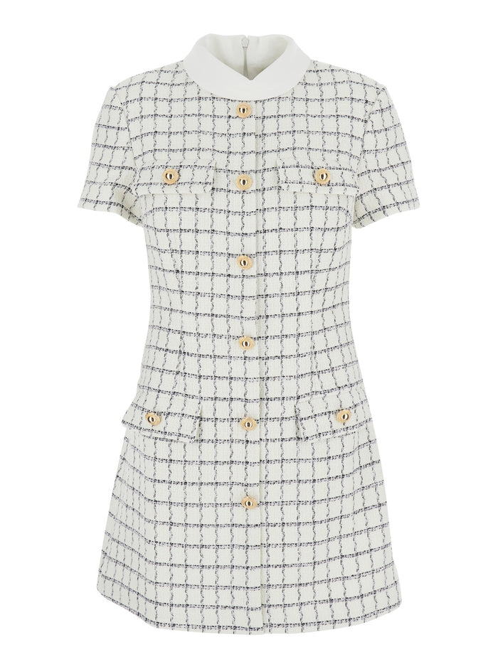 White Mini Dress With Jewel Buttons And All-Over Check Motif Tech Fabric Woman Polyester Wool