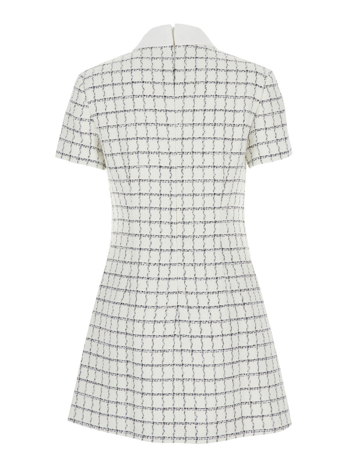 White Mini Dress With Jewel Buttons And All-Over Check Motif Tech Fabric Woman Polyester Wool