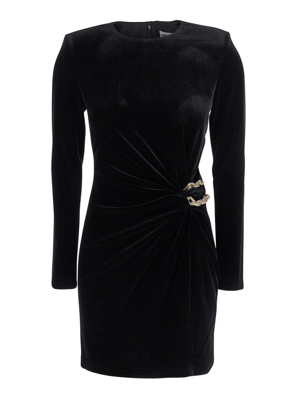 Black Crewneck Mini Dress With Twisted Detail And Chain Embellishment Velvet Woman Polyester Elastane