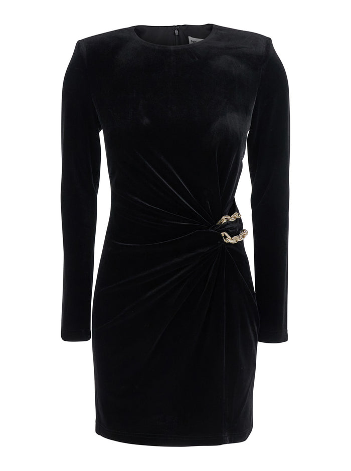Black Crewneck Mini Dress With Twisted Detail And Chain Embellishment Velvet Woman Polyester Elastane