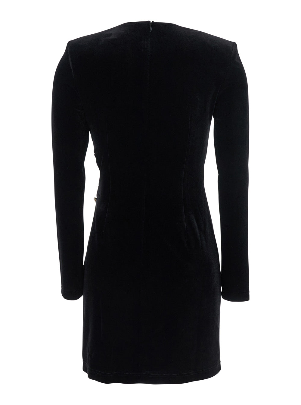 Black Crewneck Mini Dress With Twisted Detail And Chain Embellishment Velvet Woman Polyester Elastane