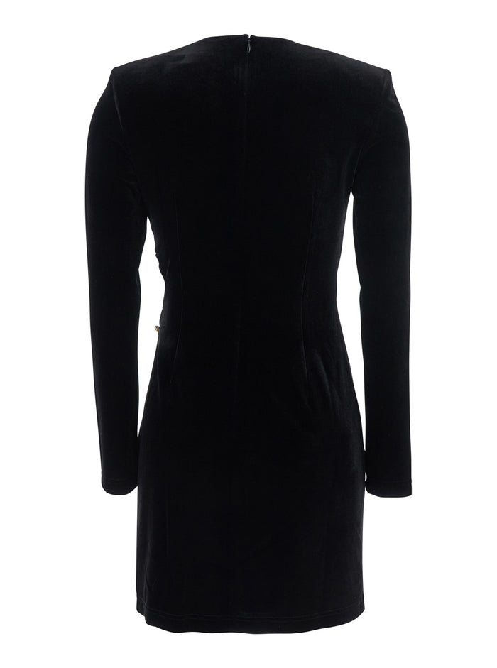 Black Crewneck Mini Dress With Twisted Detail And Chain Embellishment Velvet Woman Polyester Elastane