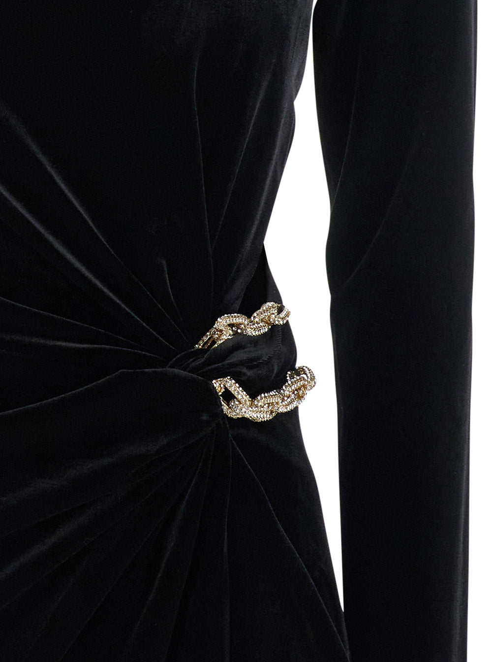 Black Crewneck Mini Dress With Twisted Detail And Chain Embellishment Velvet Woman Polyester Elastane
