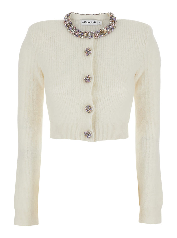 Whirw Cropped Crewneck Cardigan With Crystal Embellishments On Collar And Buttons Wool Blend Woman White Jersey