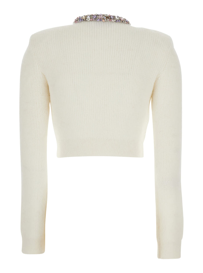 Whirw Cropped Crewneck Cardigan With Crystal Embellishments On Collar And Buttons Wool Blend Woman White Jersey