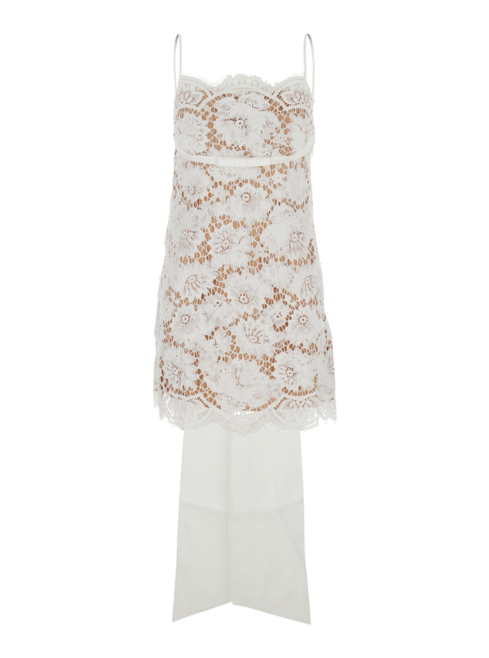 White Sleeveless Mini Dress With Floral Lace Embroidery And Scallop Hem Cotton Blend Woman