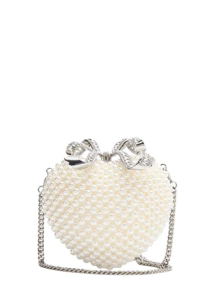 White Heart Shaped Clutch With Pearl Embellishments And Bow Detail Tech Fabric Woman Polyester Elastane Clutches Pochettes