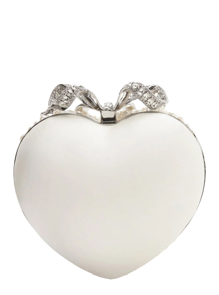 White Heart Shaped Clutch With Pearl Embellishments And Bow Detail Tech Fabric Woman Polyester Elastane Clutches Pochettes