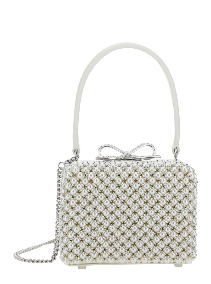 White Handbag With Faux-Pearl Embellishments On The Front And Bow Detail Leather Faux-Pearls Woman Polyester Elastane Hand Bags