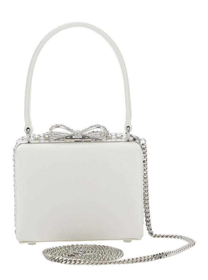 White Handbag With Faux-Pearl Embellishments On The Front And Bow Detail Leather Faux-Pearls Woman Polyester Elastane Hand Bags