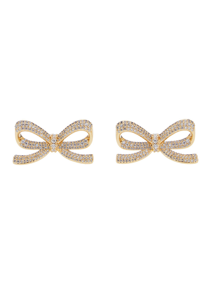 Metallic Bow Shaped Earings With Crystal Embellishments Gold Plated Brass Woman Copper Earrings