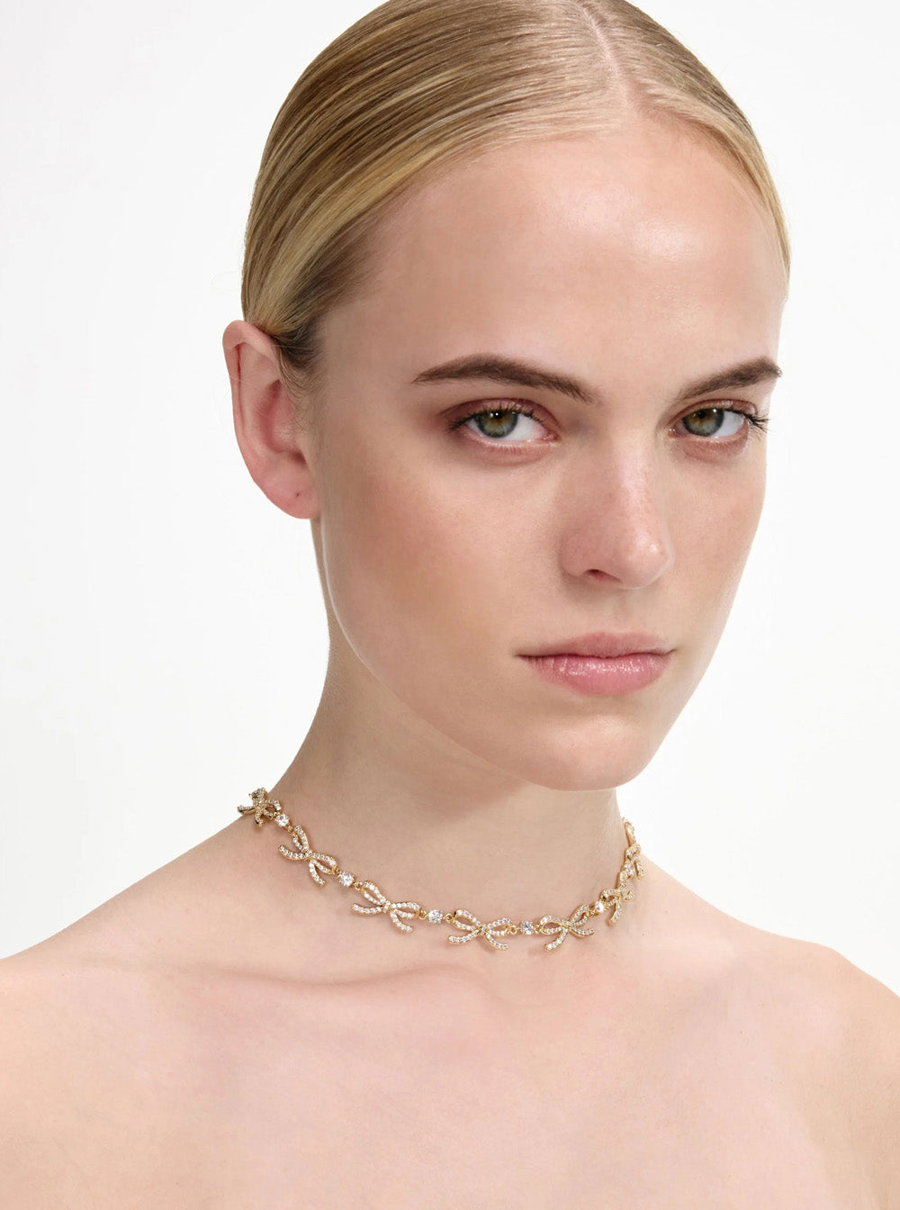 Metallic Necklace with Bow and Crystal Embellishments in Copper Crystals Woman Necklaces