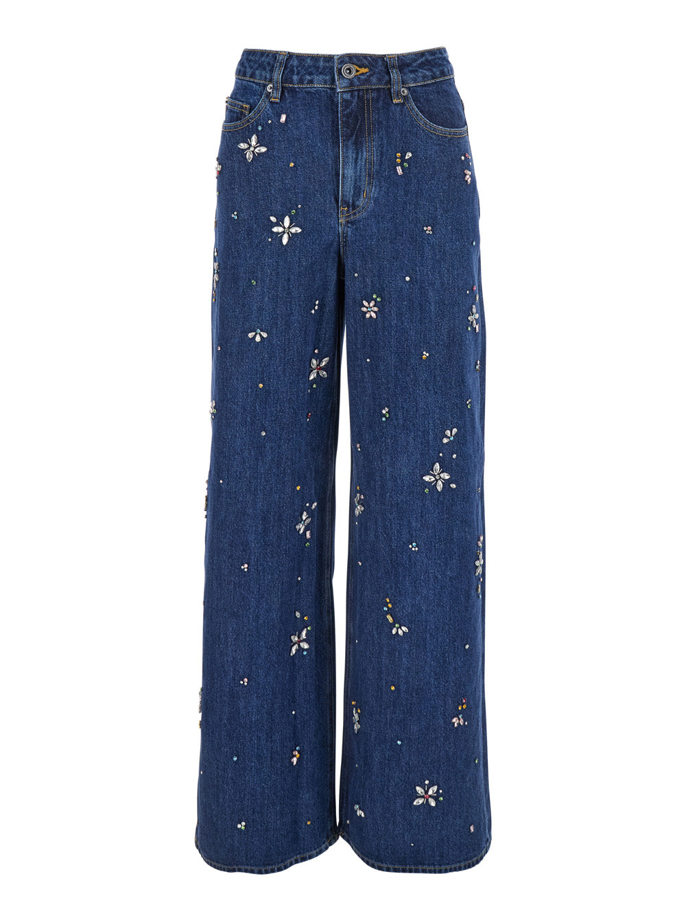 Blue Jeans With Crystal Embellishments And Wide Leg Denim Woman Blu Cotton