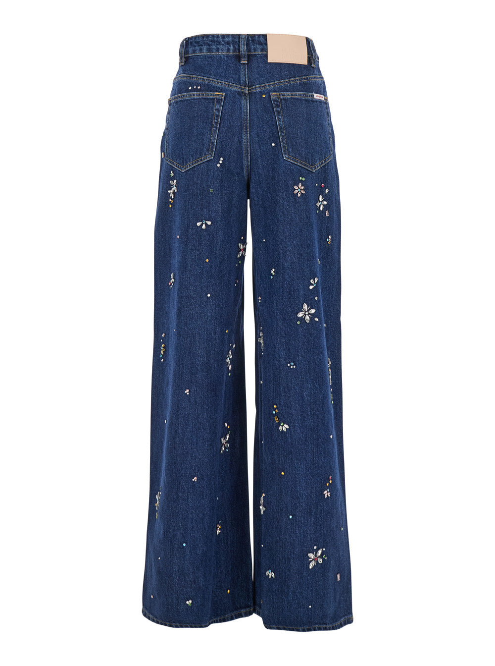 Blue Jeans With Crystal Embellishments And Wide Leg Denim Woman Blu Cotton