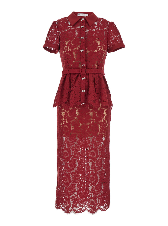 Red Midi Dress With Crystal Embellishments And All-Over Floral Embroidery Cotton Blend Woman Bordeaux Polyamid