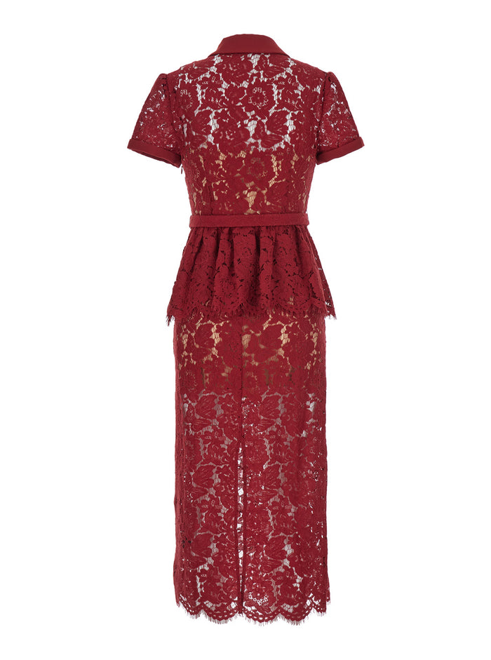 Red Midi Dress With Crystal Embellishments And All-Over Floral Embroidery Cotton Blend Woman Bordeaux Polyamid