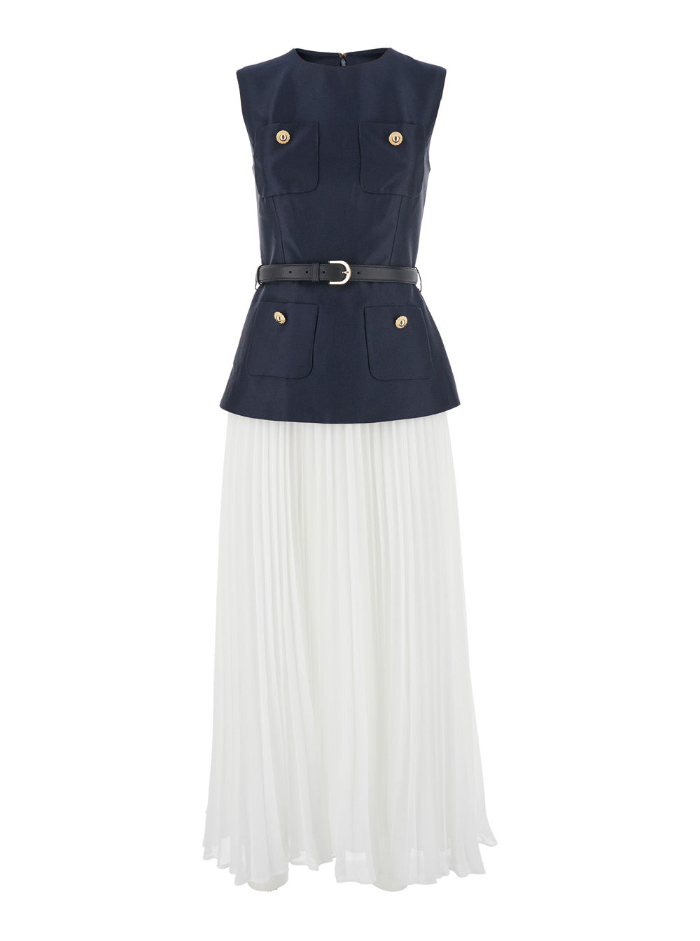Blue Sleeveless Crewneck Dress With Four Front Patch Pockets And Pleated Skirt Tech Fabric Woman Blu