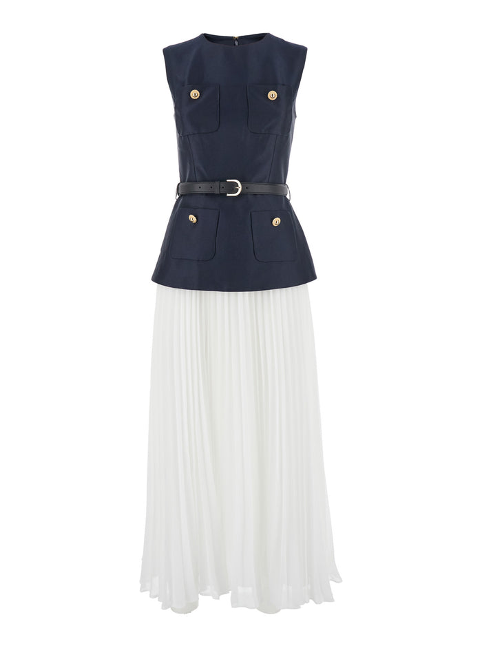 Blue Sleeveless Crewneck Dress With Four Front Patch Pockets And Pleated Skirt Tech Fabric Woman Blu
