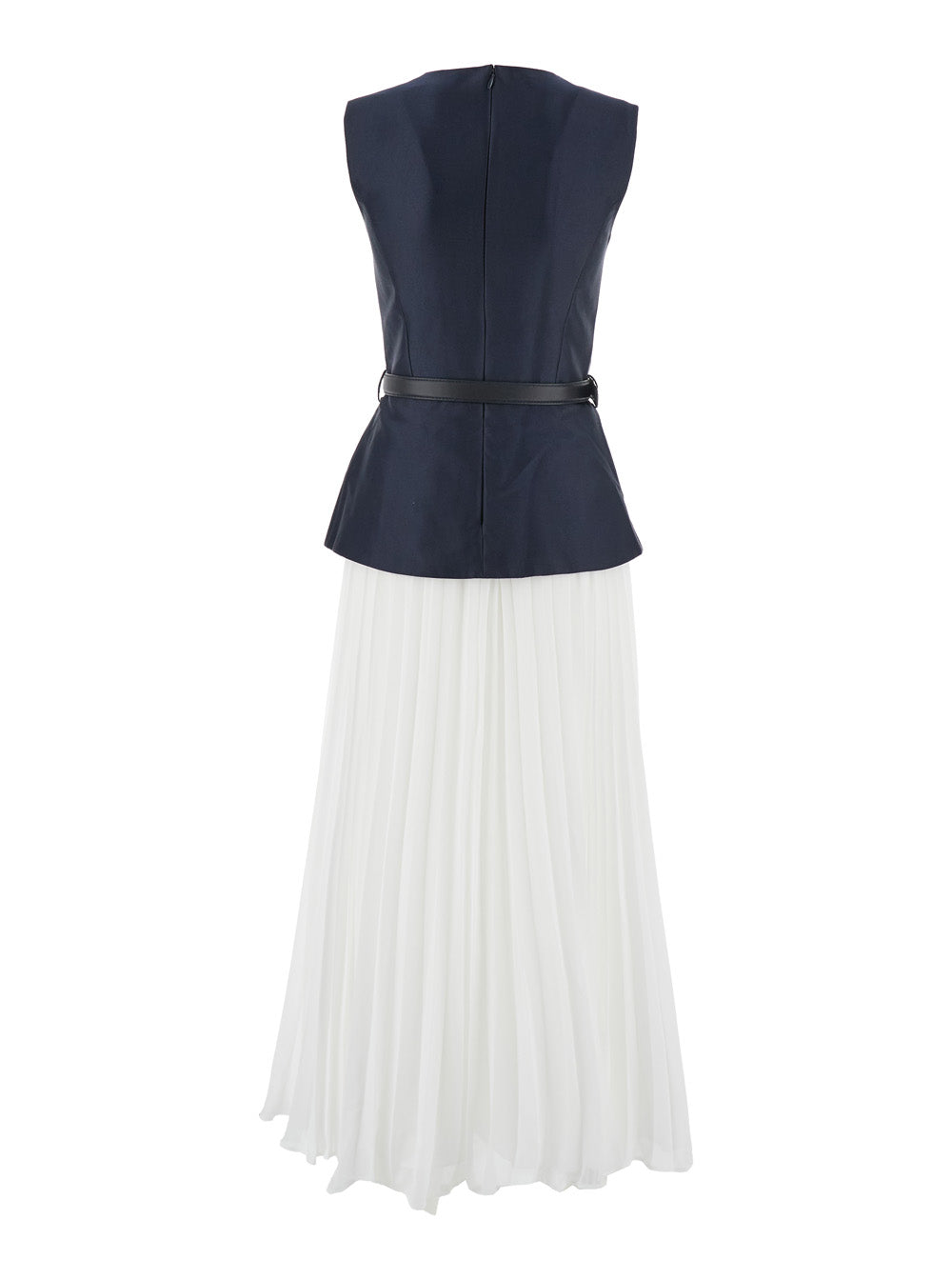 Blue Sleeveless Crewneck Dress With Four Front Patch Pockets And Pleated Skirt Tech Fabric Woman Blu