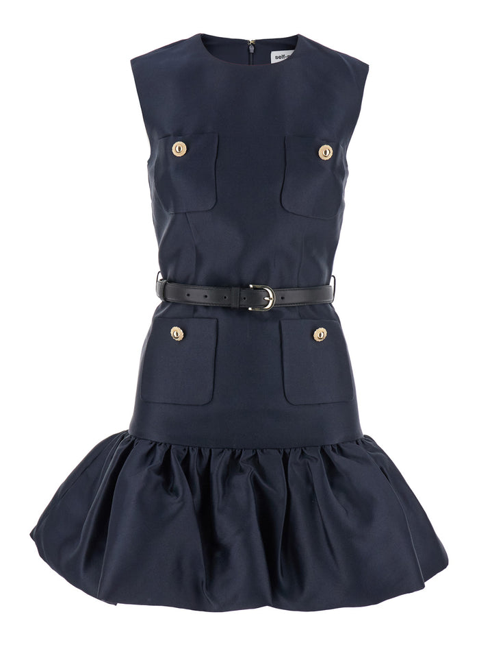 Blue Sleeveless Crewneck Mini Dress With Four Front Patch Pockets And Puffed Skirt Tech Fabric Woman Blu Polyester