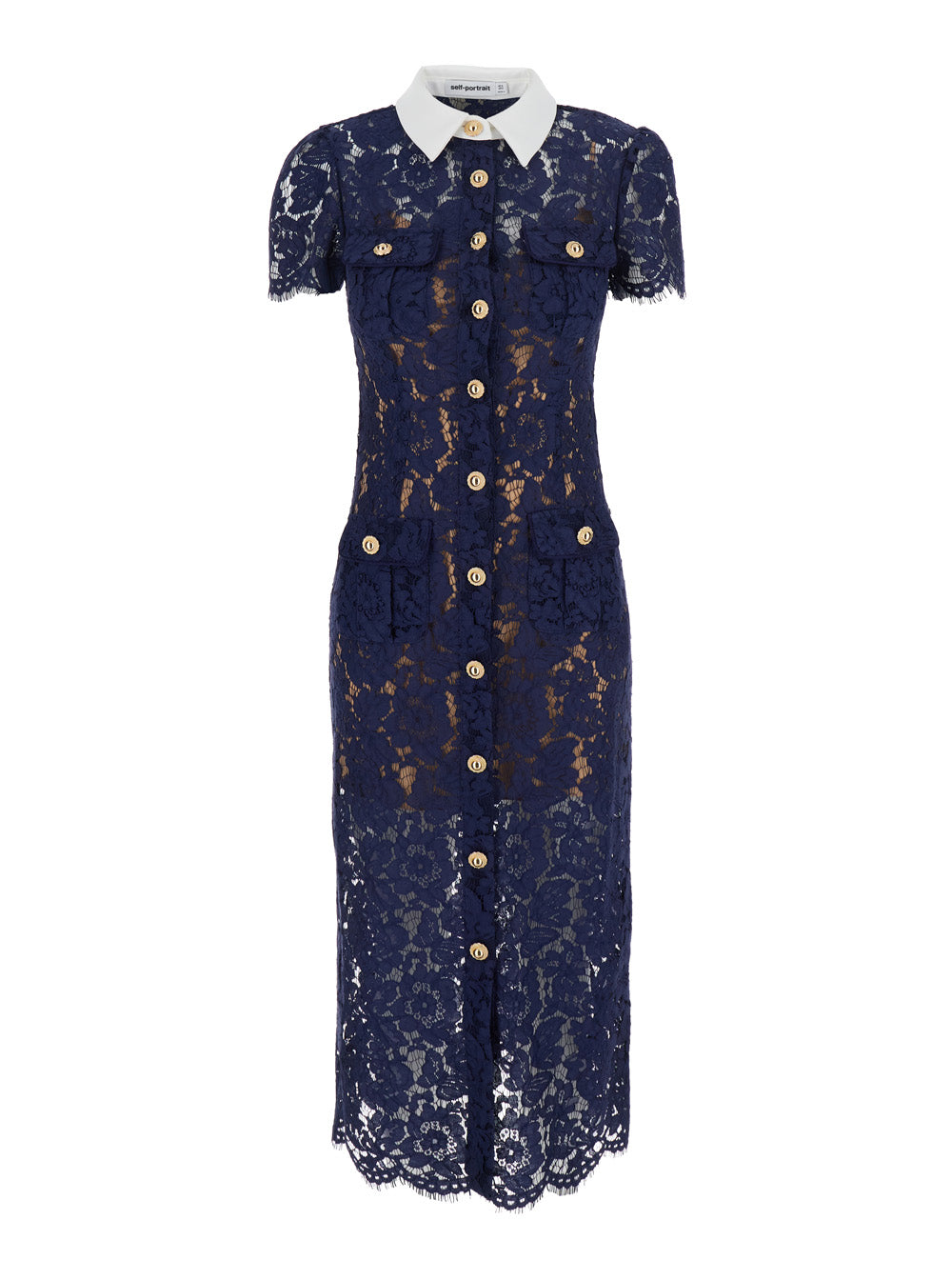 Navy Lace Contrast Collar Midi Dress Blu 100 % Polyester