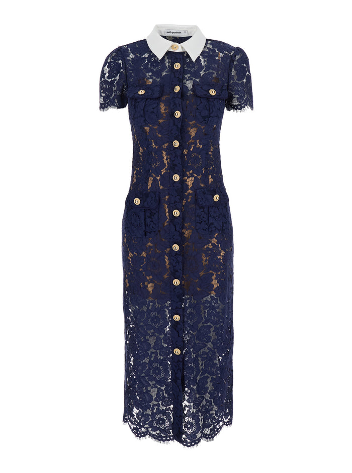 Navy Lace Contrast Collar Midi Dress Blu 100 % Polyester