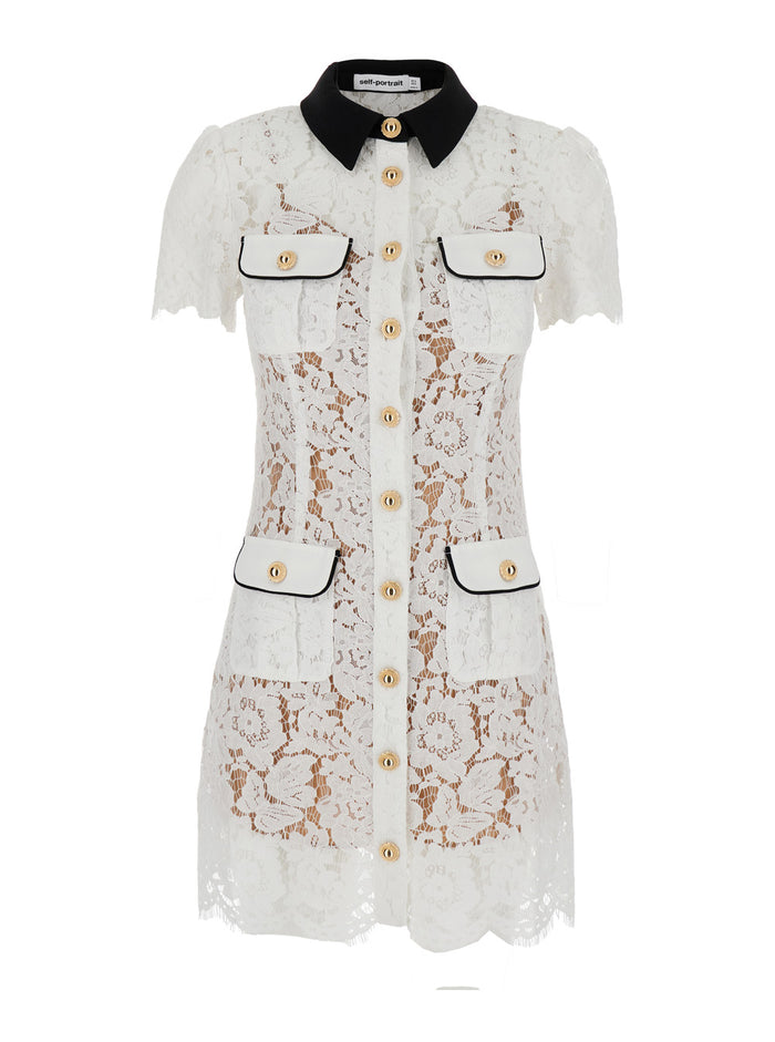 White Mini Dress With Contrasting Collar And All-Over Floral Embroidery Tech Fabric Woman Polyester