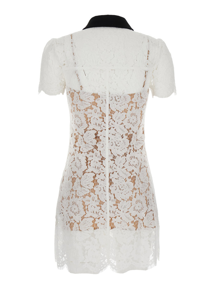 White Mini Dress With Contrasting Collar And All-Over Floral Embroidery Tech Fabric Woman Polyester