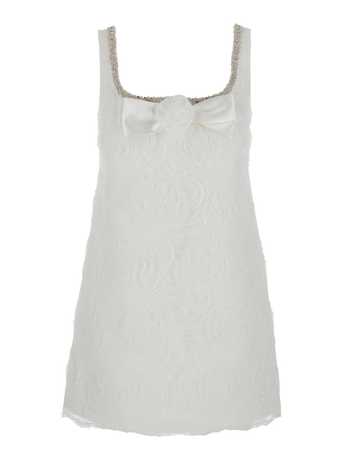 White Mini Dress with Square Neck and Bow Detail on the Front in Tech Fabric Woman Polyamid