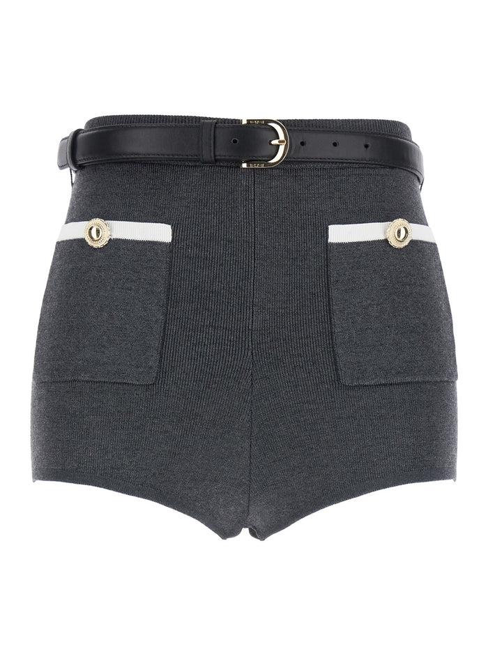 Grey Belted Shorts with Two Front Patch Pockets in Wool Woman And Bermuda
