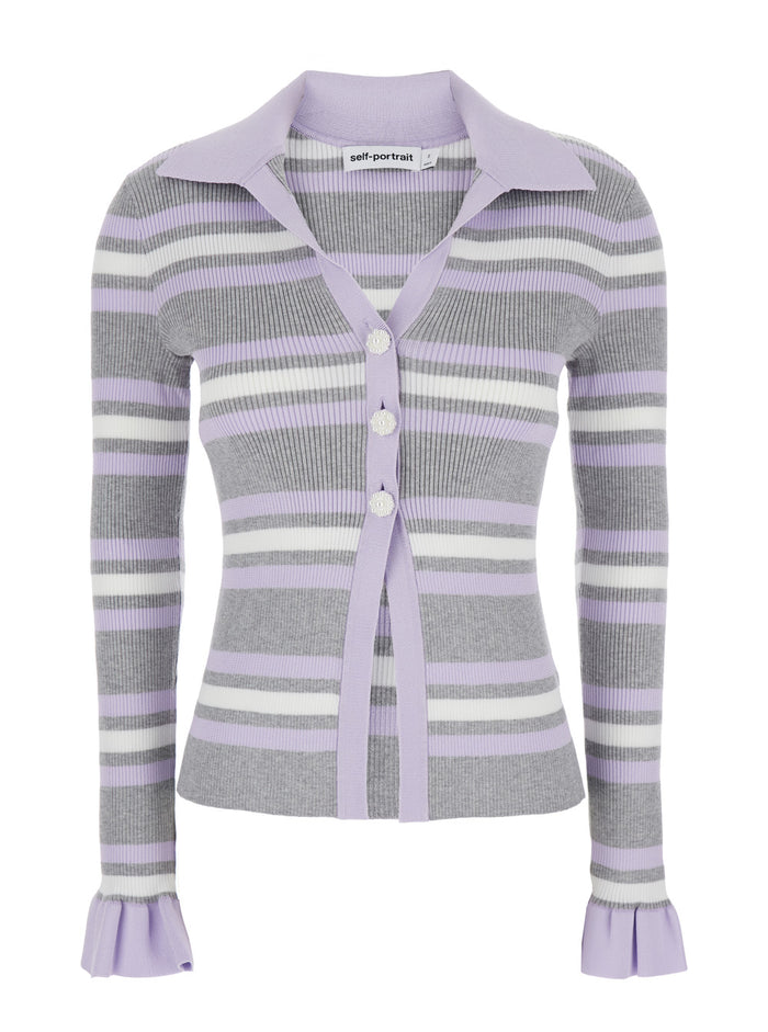 Grey Cardigan With Spread Collar And All-Over Striped Motif Viscose Blend Woman Polyester Jersey