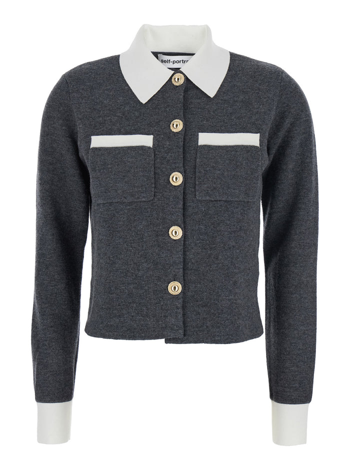 Grey Cropped Cardigan with Contrasting Classic Collar and Two Front Patch Pockets in Wool Blend Woman Jersey