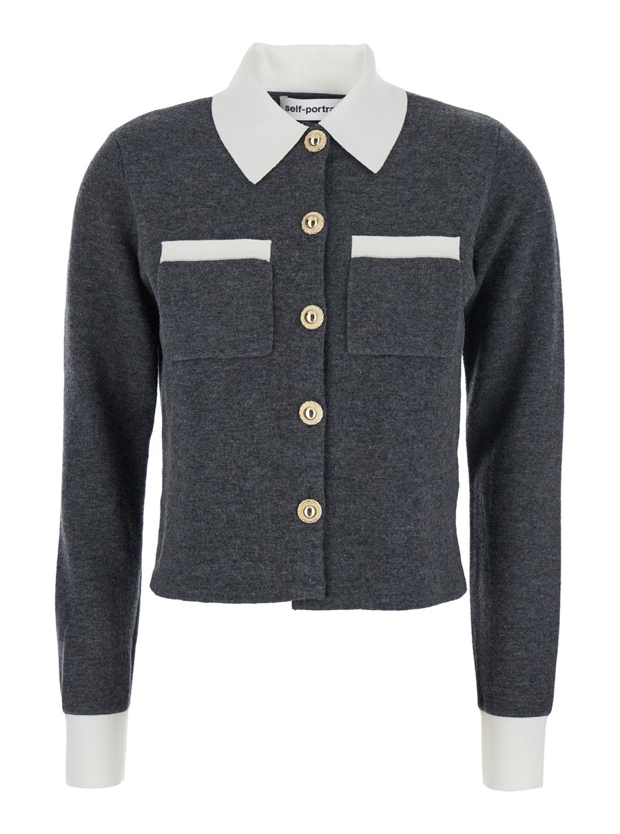 Grey Cropped Cardigan With Classic Collar Wool Tops