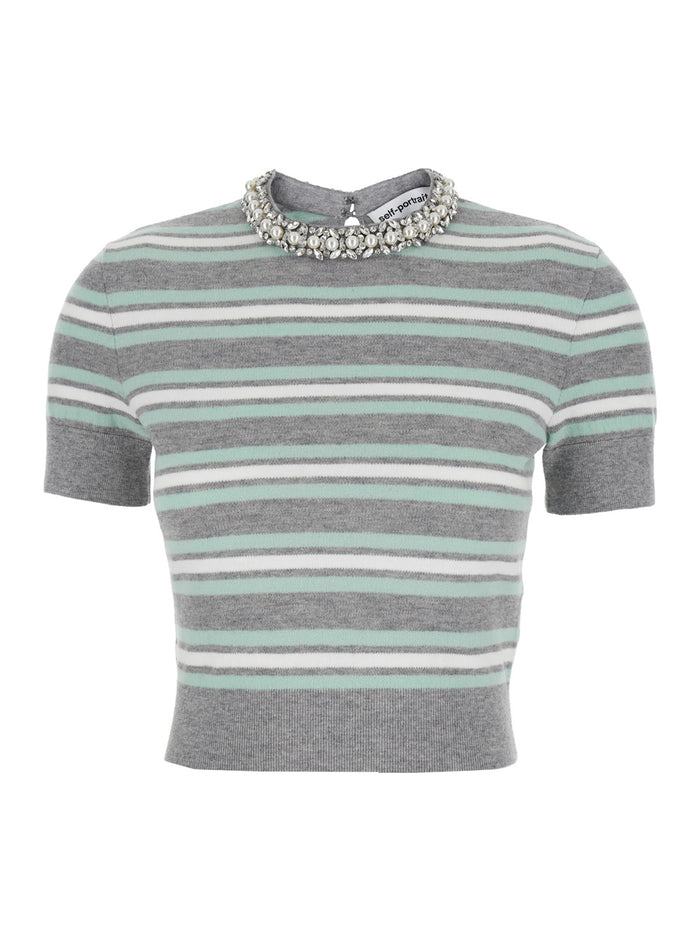 Grey Cropped Top Wih Crewneck With Crystal Embellishments And All-Over Striped Motif Wool Blend Woman Cotton Cashmere Tops