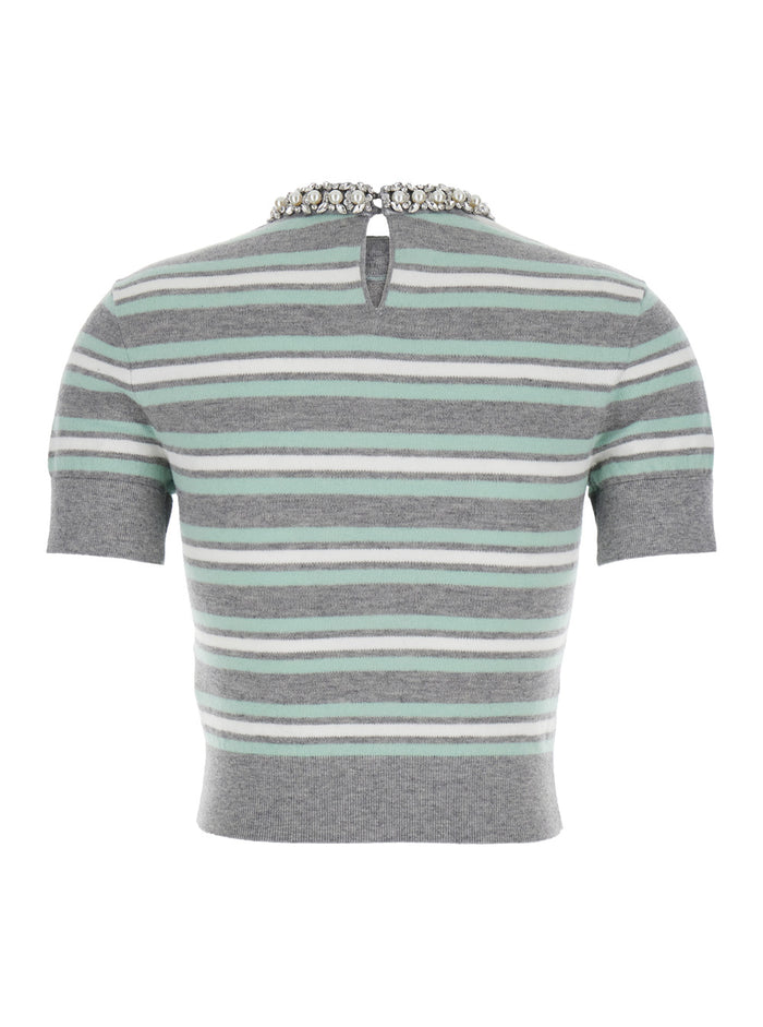 Grey Cropped Top Wih Crewneck With Crystal Embellishments And All-Over Striped Motif Wool Blend Woman Cotton Cashmere Tops