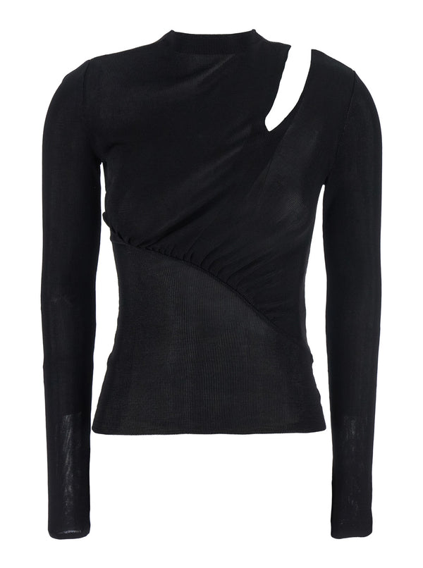 Black Long-Sleeve Top With Cut-Out Detail Viscose Tops