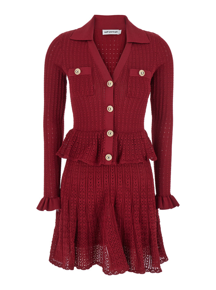 Bordeaux Flared Mini Dress With Spread Collar And V Neck Viscose Blend Stretch Woman