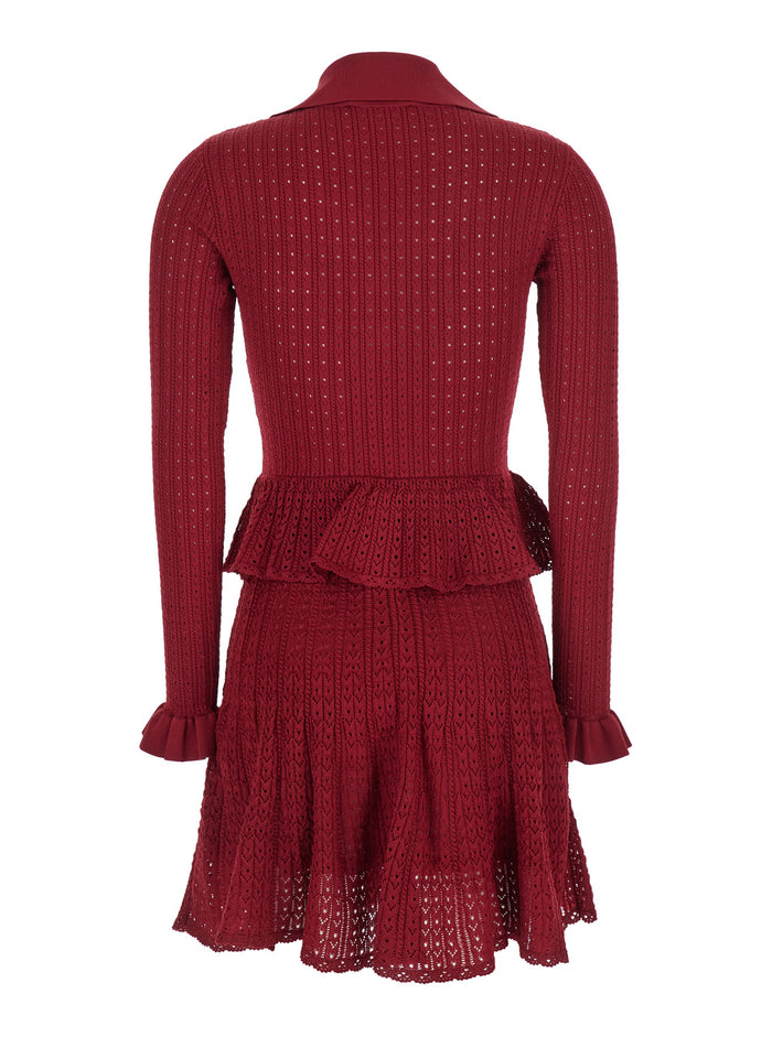 Bordeaux Flared Mini Dress With Spread Collar And V Neck Viscose Blend Stretch Woman