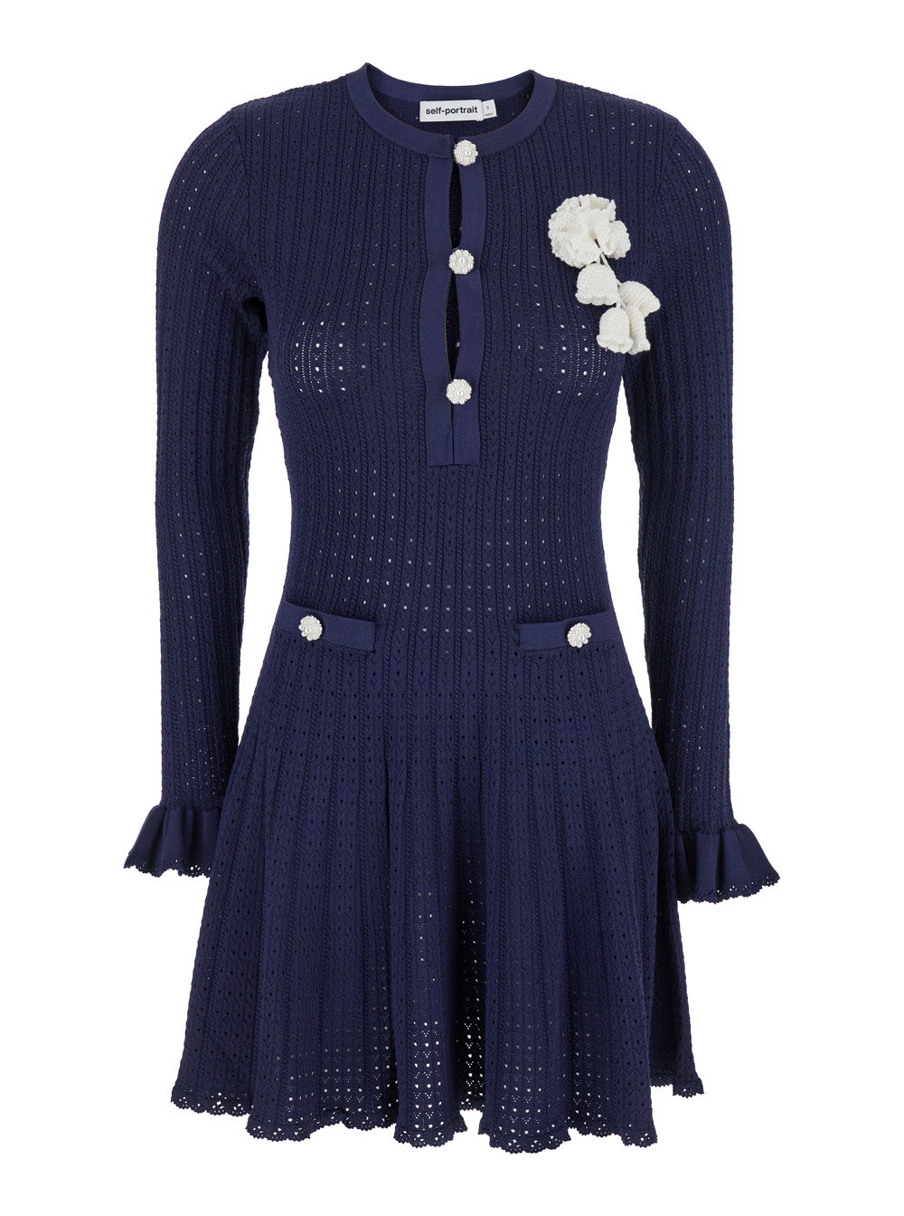 Blue Crewneck Midi Dress With Flower Embellishment On The Front And Crochet Knit Viscose Blend Stretch Woman Blu