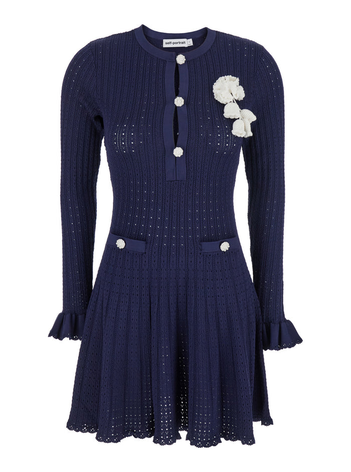 Blue Crewneck Midi Dress With Flower Embellishment On The Front And Crochet Knit Viscose Blend Stretch Woman Blu