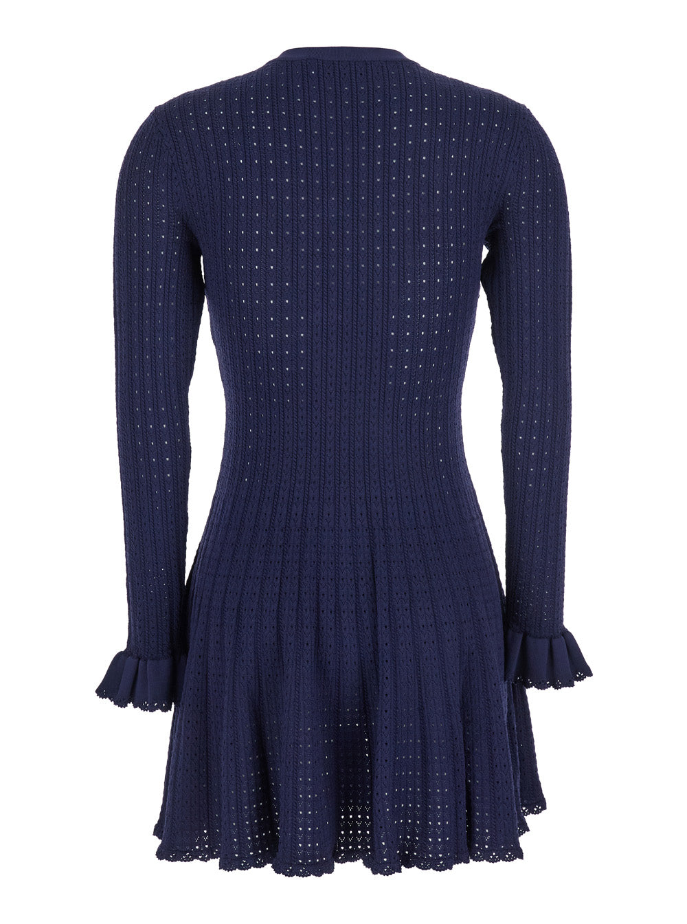 Blue Crewneck Midi Dress With Flower Embellishment On The Front And Crochet Knit Viscose Blend Stretch Woman Blu