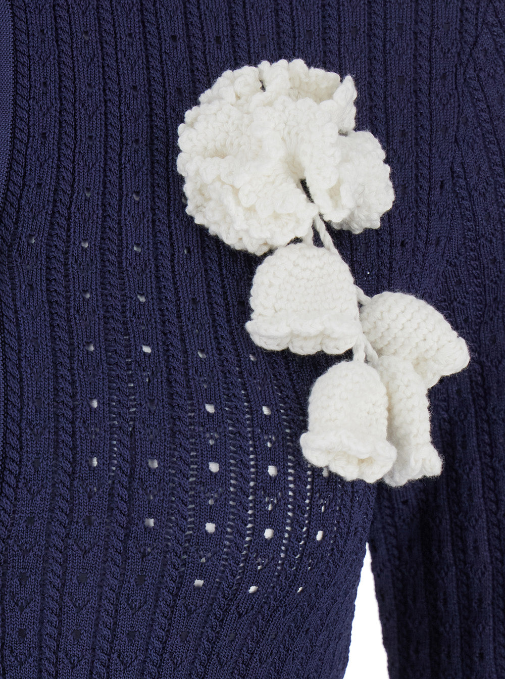 Blue Crewneck Midi Dress With Flower Embellishment On The Front And Crochet Knit Viscose Blend Stretch Woman Blu