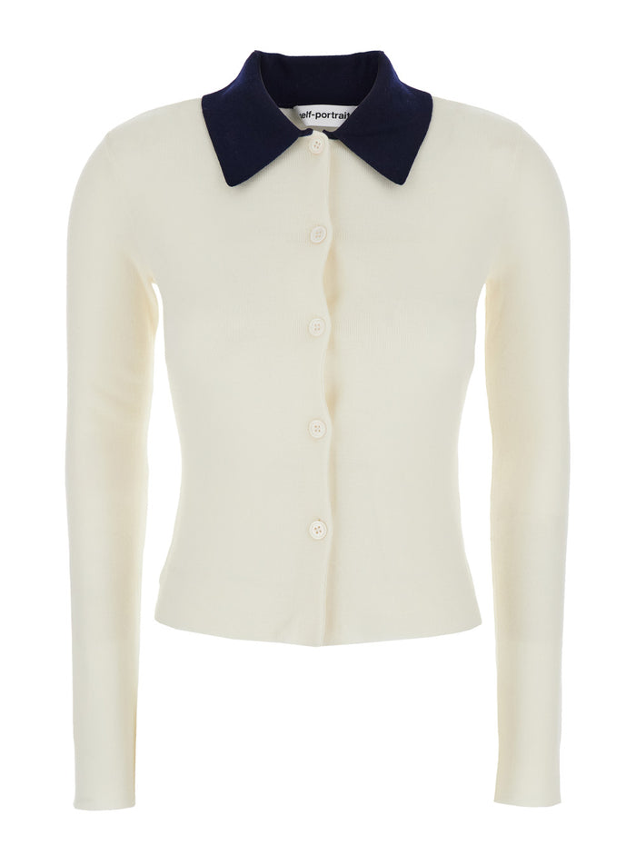 White Cropped Cardigan with Contrasting Collar and Tonal Button Closure in Wool Woman Jersey