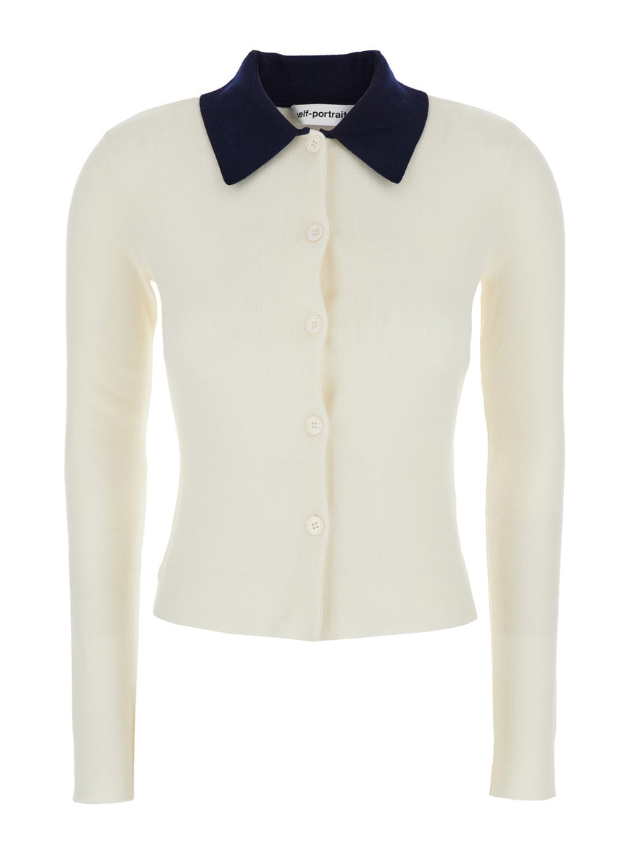 White Cropped Cardigan With Collar Wool Tops