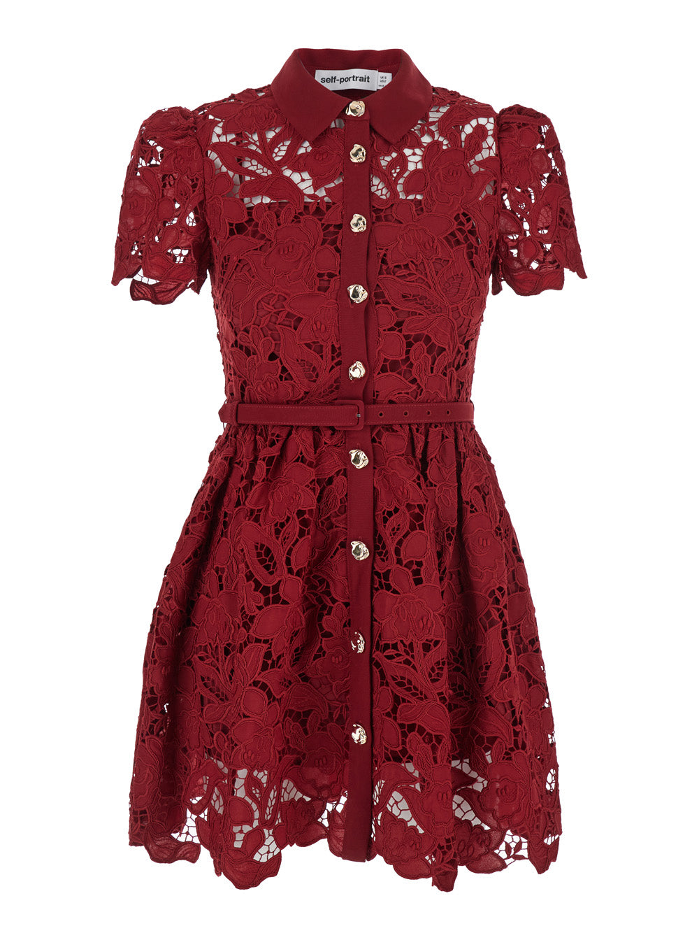 Bordeaux Mini Dress With All-Over Lace Floral Embroidery And Pleated Skirt Tech Fabric Woman Polyester