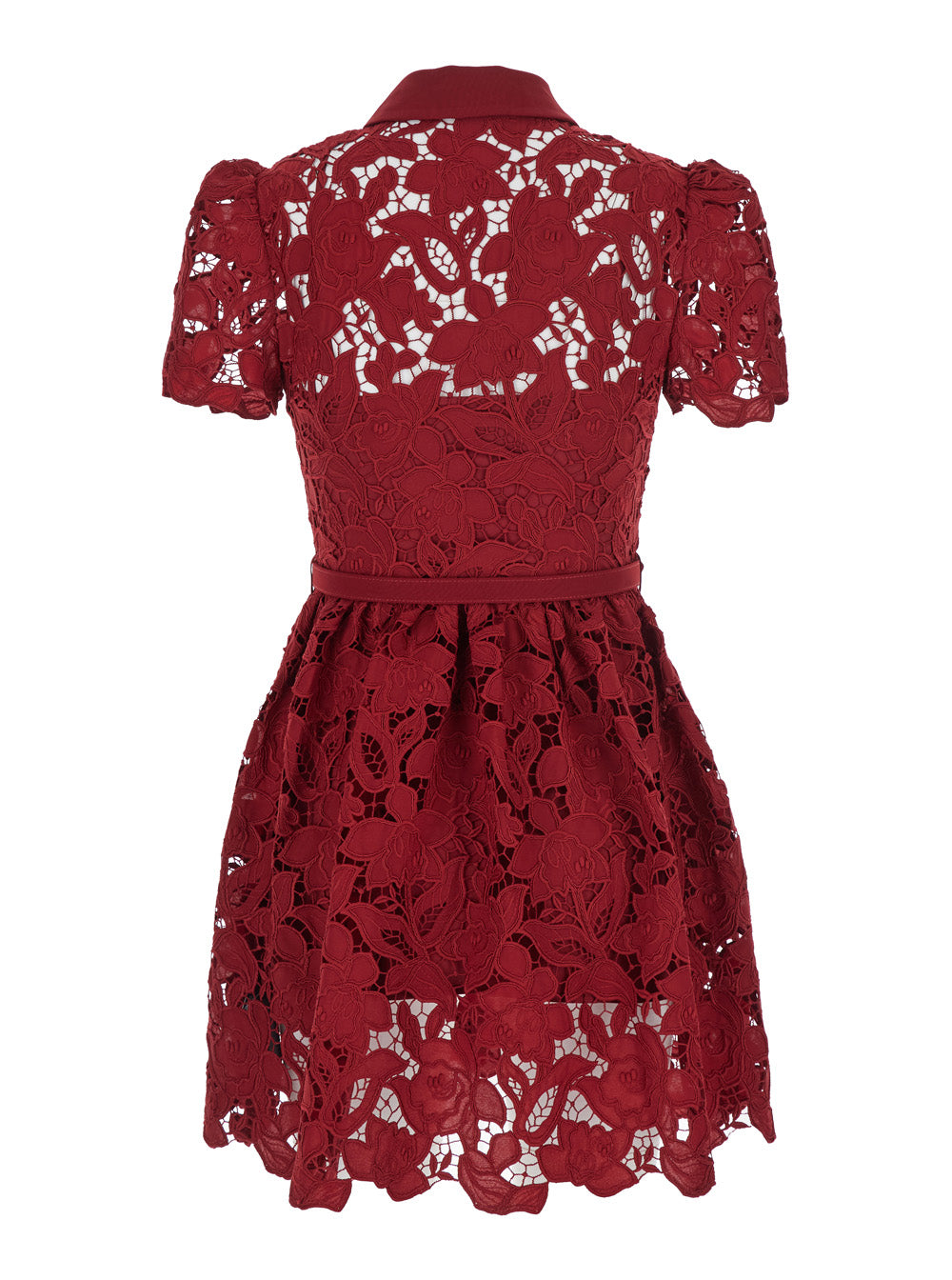 Bordeaux Mini Dress With All-Over Lace Floral Embroidery And Pleated Skirt Tech Fabric Woman Polyester