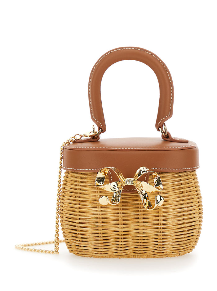 Rattan Bow Basket Brown Handbag With Chain-Link Shoulder Strap And Detail Raffia Leather Woman Hand Bags